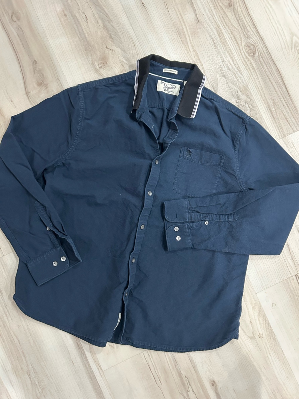 Original Penguin Navy Button-Down Long Sleeve Shirt with Contrast Collar